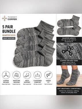 Tommy Copper Quarter Socks 5-Pair Bundle Gray Compression Comfort Socks